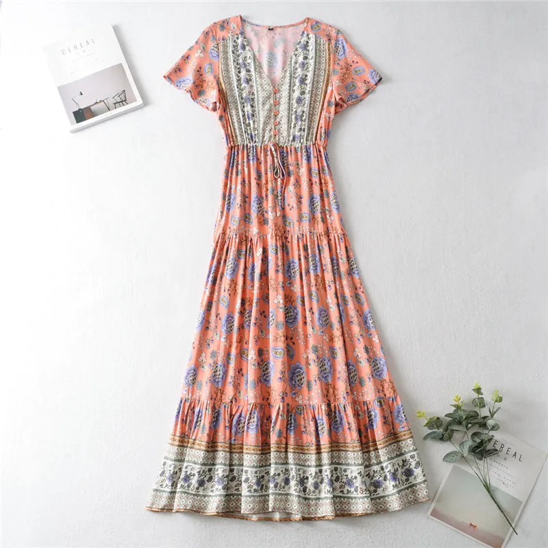 Pink Print Tiered Maxi Dress