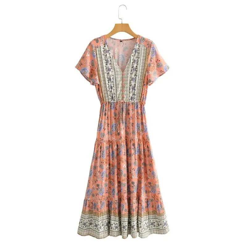 Pink Print Tiered Maxi Dress
