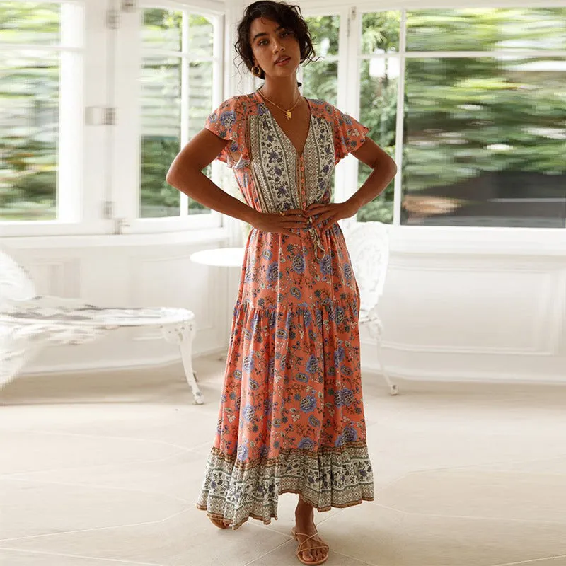 Pink Print Tiered Maxi Dress