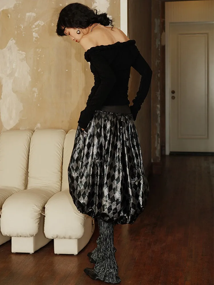 Plaid Metallic Glossy Lantern Skirt