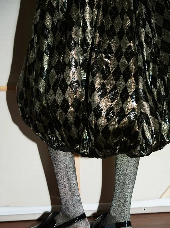 Plaid Metallic Glossy Lantern Skirt
