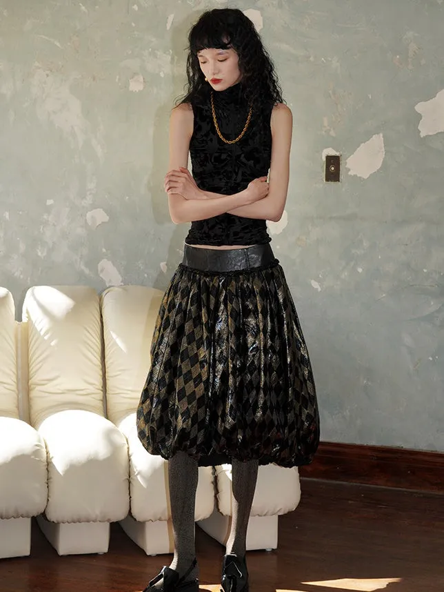 Plaid Metallic Glossy Lantern Skirt