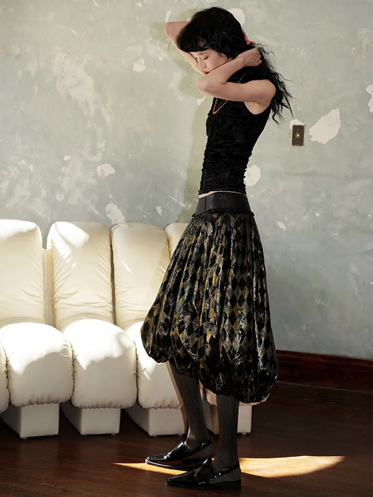 Plaid Metallic Glossy Lantern Skirt
