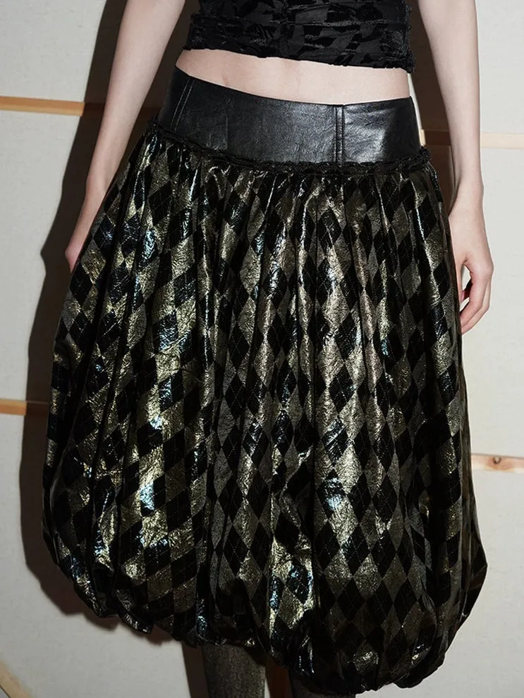 Plaid Metallic Glossy Lantern Skirt