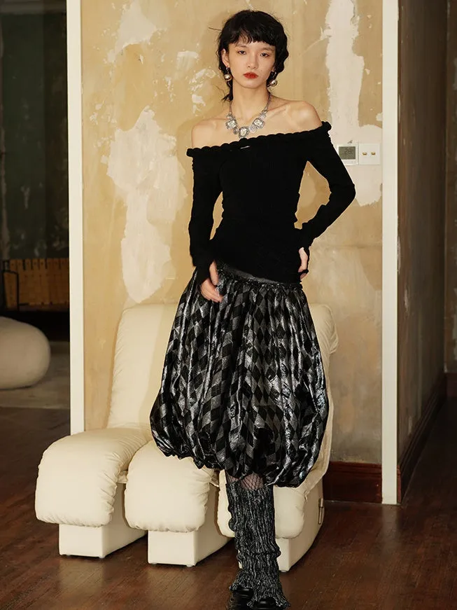Plaid Metallic Glossy Lantern Skirt