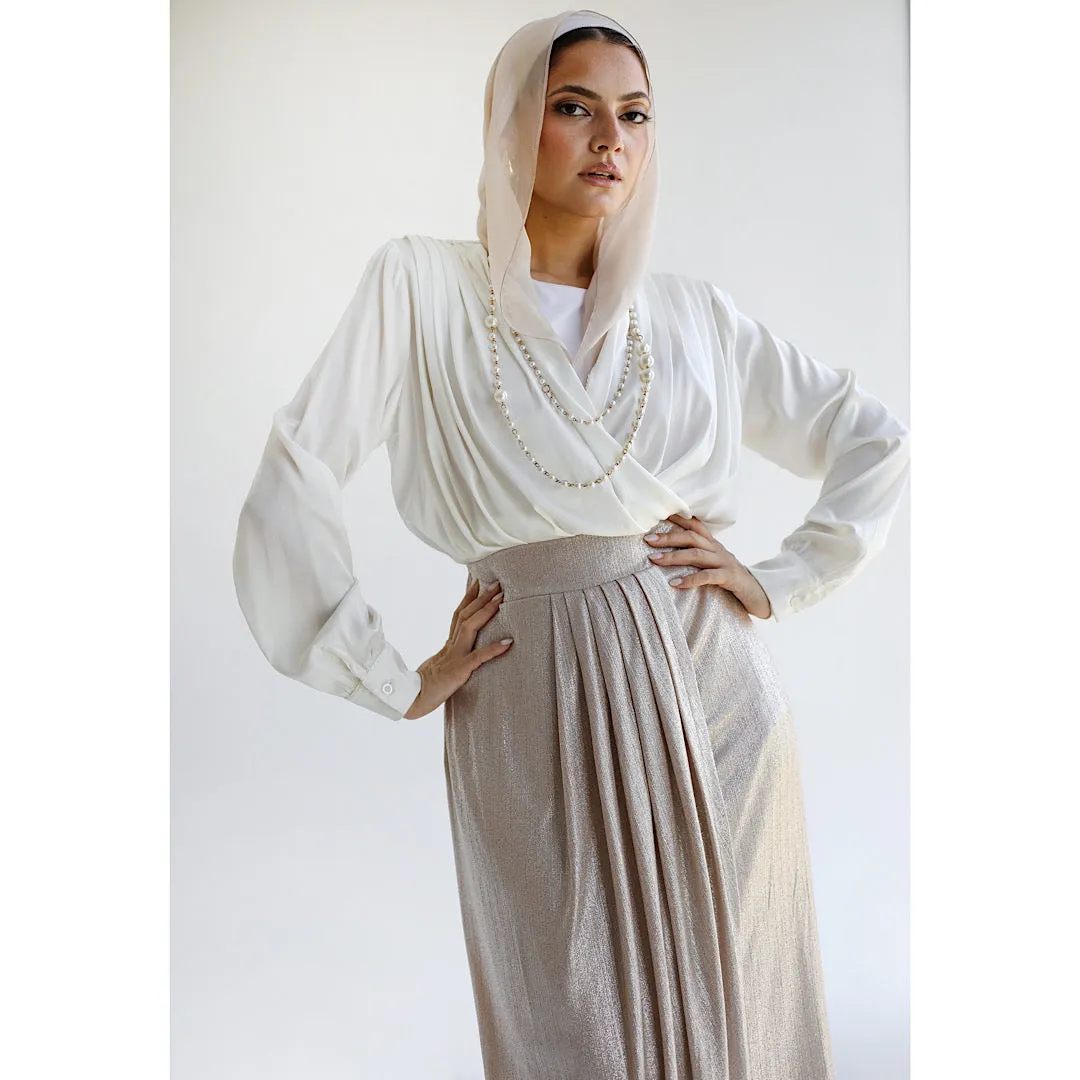Pleated metallic drape skirt