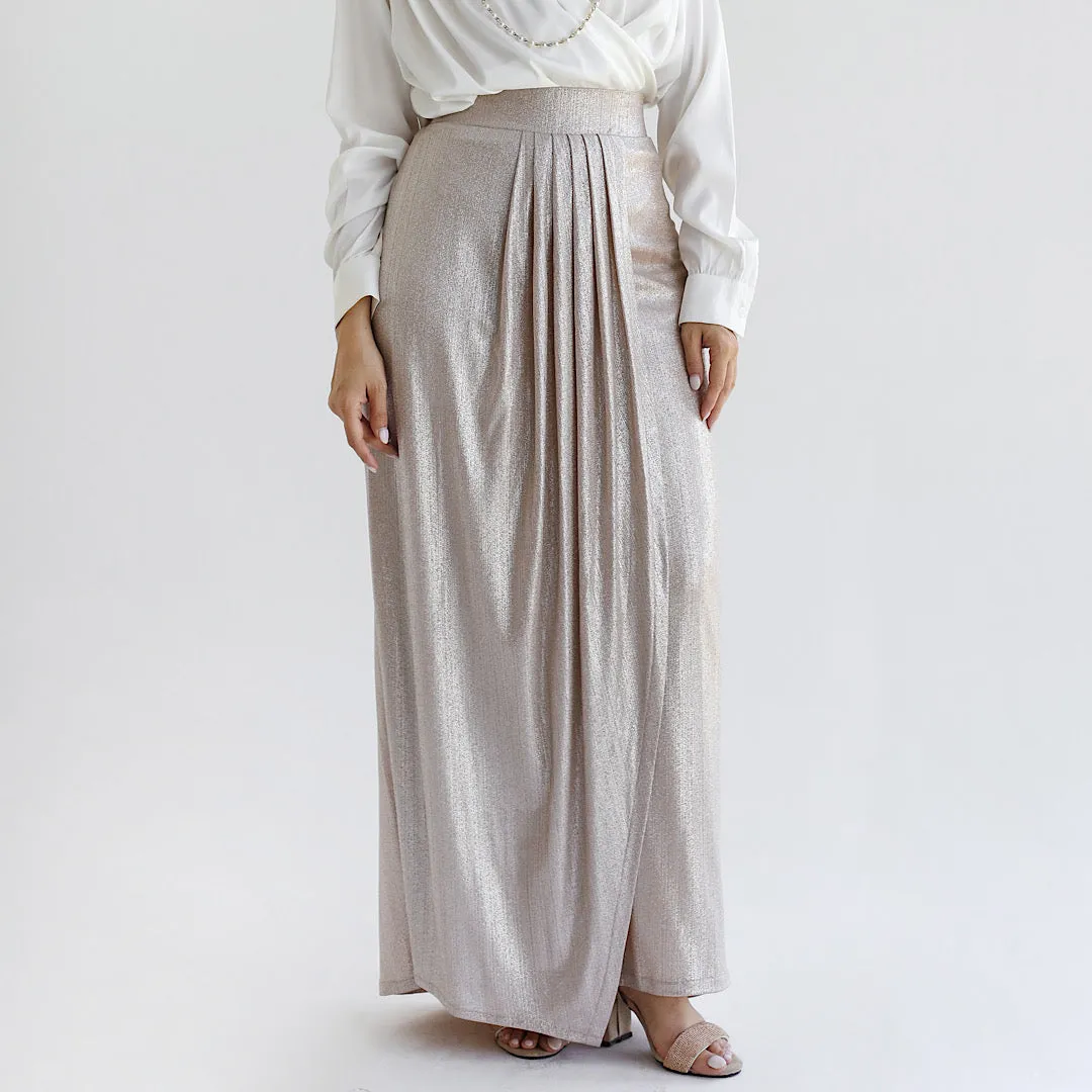 Pleated metallic drape skirt