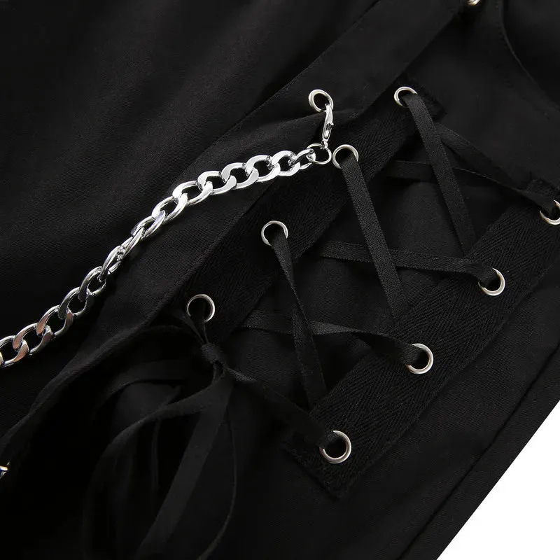 Punk Low-Waist Black Pants with Tie-Up Sides and Chains