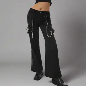 Punk Low-Waist Black Pants with Tie-Up Sides and Chains