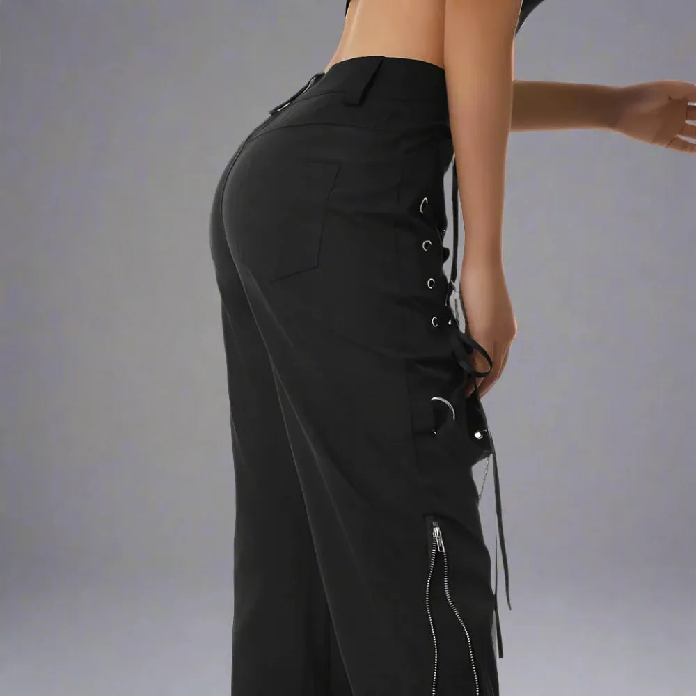 Punk Low-Waist Black Pants with Tie-Up Sides and Chains