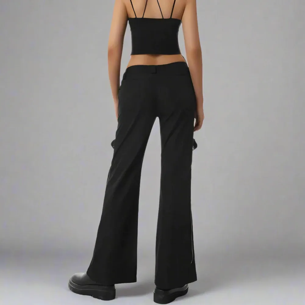Punk Low-Waist Black Pants with Tie-Up Sides and Chains