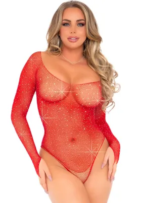 Rhinestone Long Sleeve Fishnet Bodysuit Red