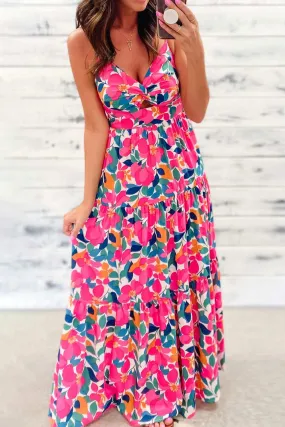 Rose Floral Twist V Neck Tiered Cami Maxi Dress - Elegant Style