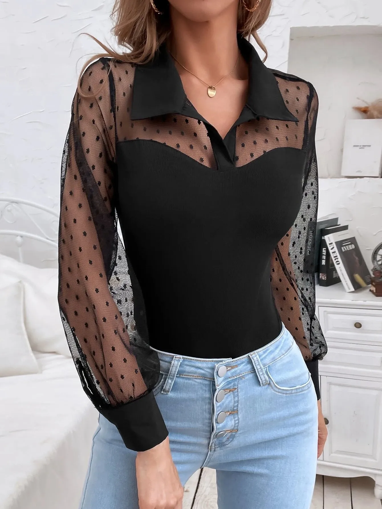 SHEIN Frenchy Dobby Mesh Panel Bodysuit
