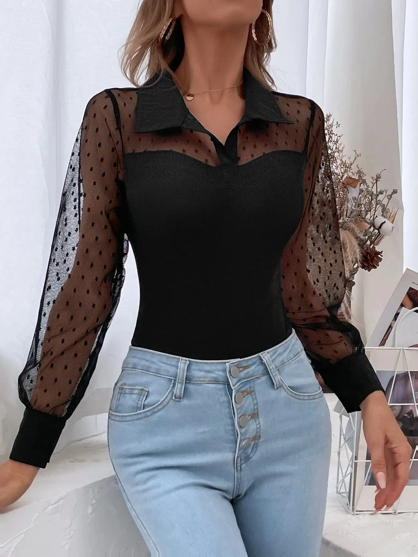 SHEIN Frenchy Dobby Mesh Panel Bodysuit