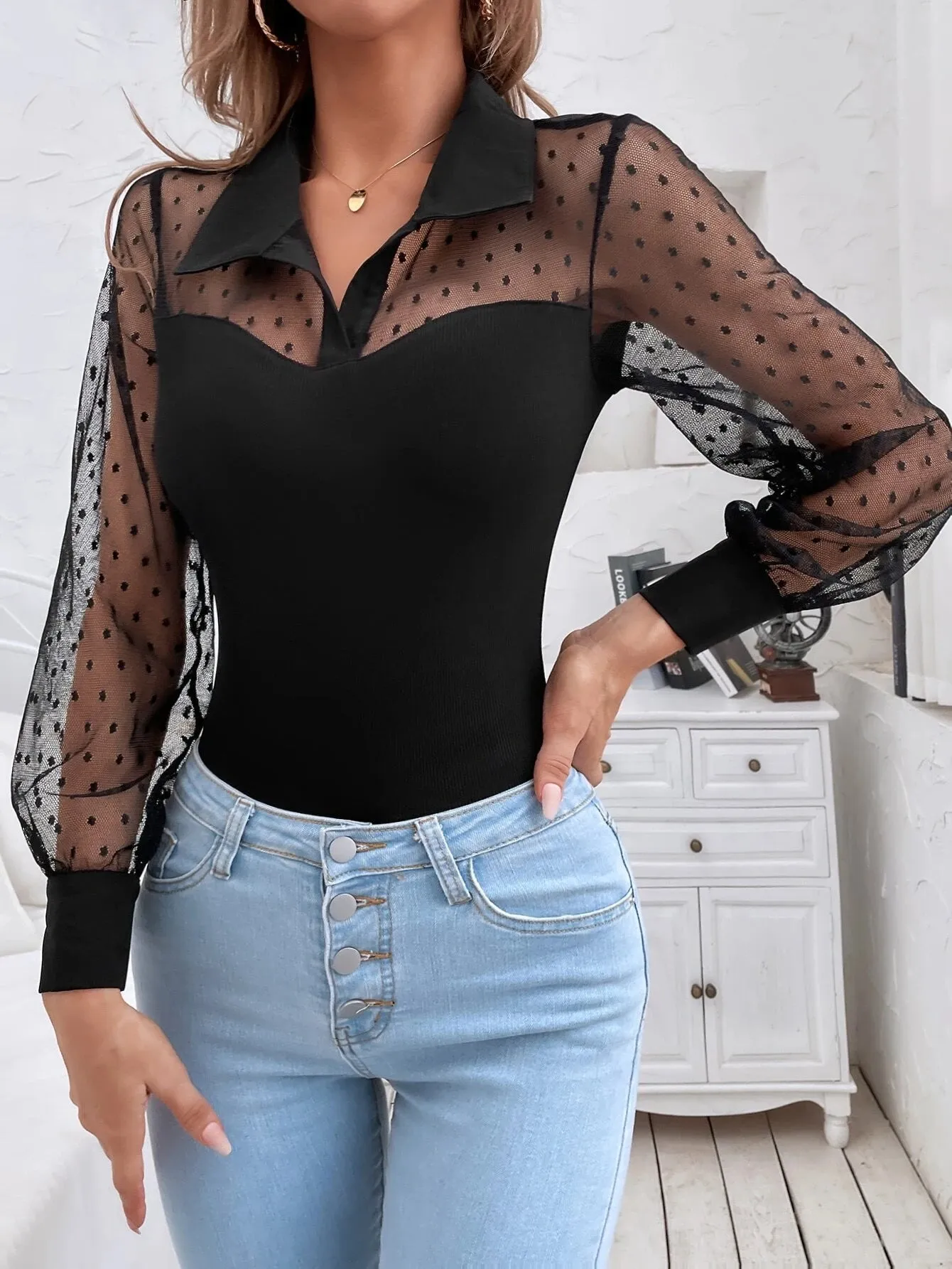 SHEIN Frenchy Dobby Mesh Panel Bodysuit