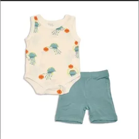 Silkberry Baby Bamboo Tank Bodysuit & Short Set (Pixel Jelly Print / Mineral)