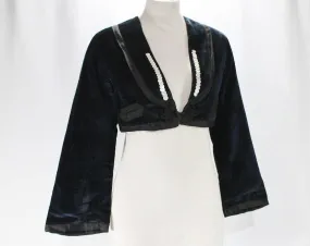 Size 10 Victorian Jacket - Antique 1800s Navy Blue Velveteen Coat - 1860s 1870s Civil War Era Bell Sleeves - Mother-of-Pearl - Floral Lining