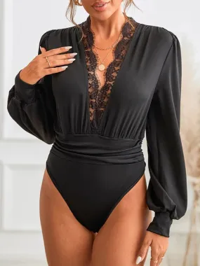 Solid Black Sexy Long Sleeve Lace Bodysuit