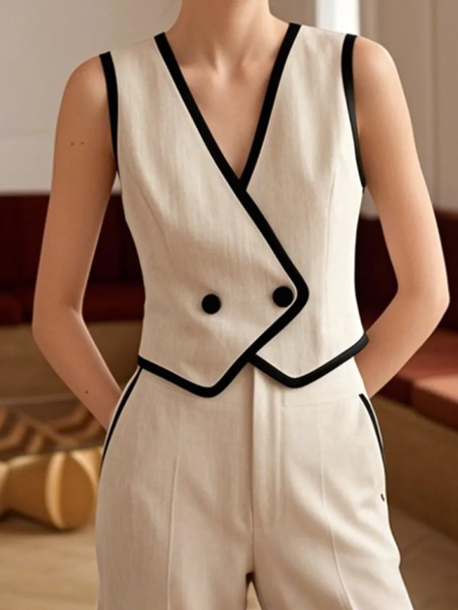 Sophisticated Beige Vest and High-Waisted Pants with Black Trim
