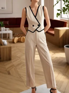 Sophisticated Beige Vest and High-Waisted Pants with Black Trim