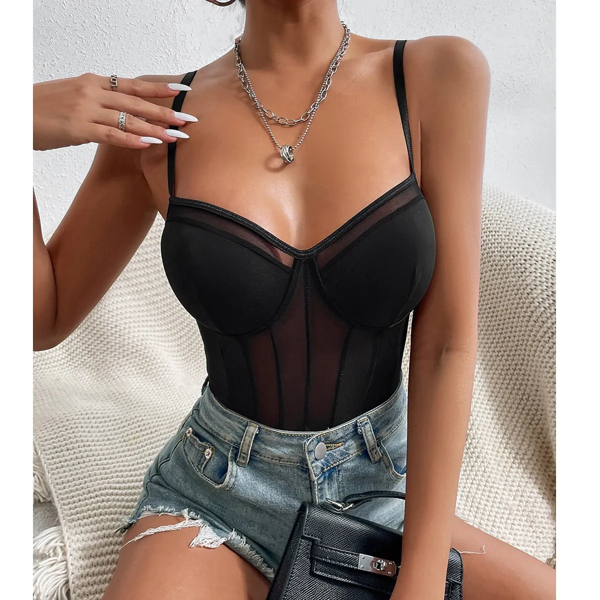 Spaghetti Strap Mesh Sheer White Bodysuits