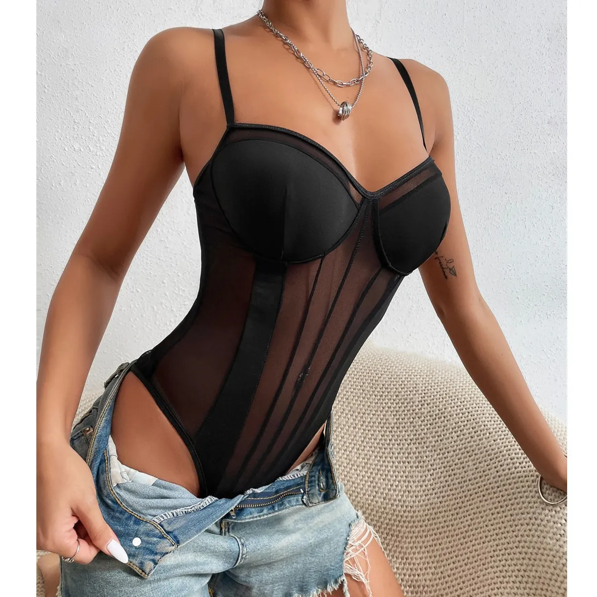 Spaghetti Strap Mesh Sheer White Bodysuits