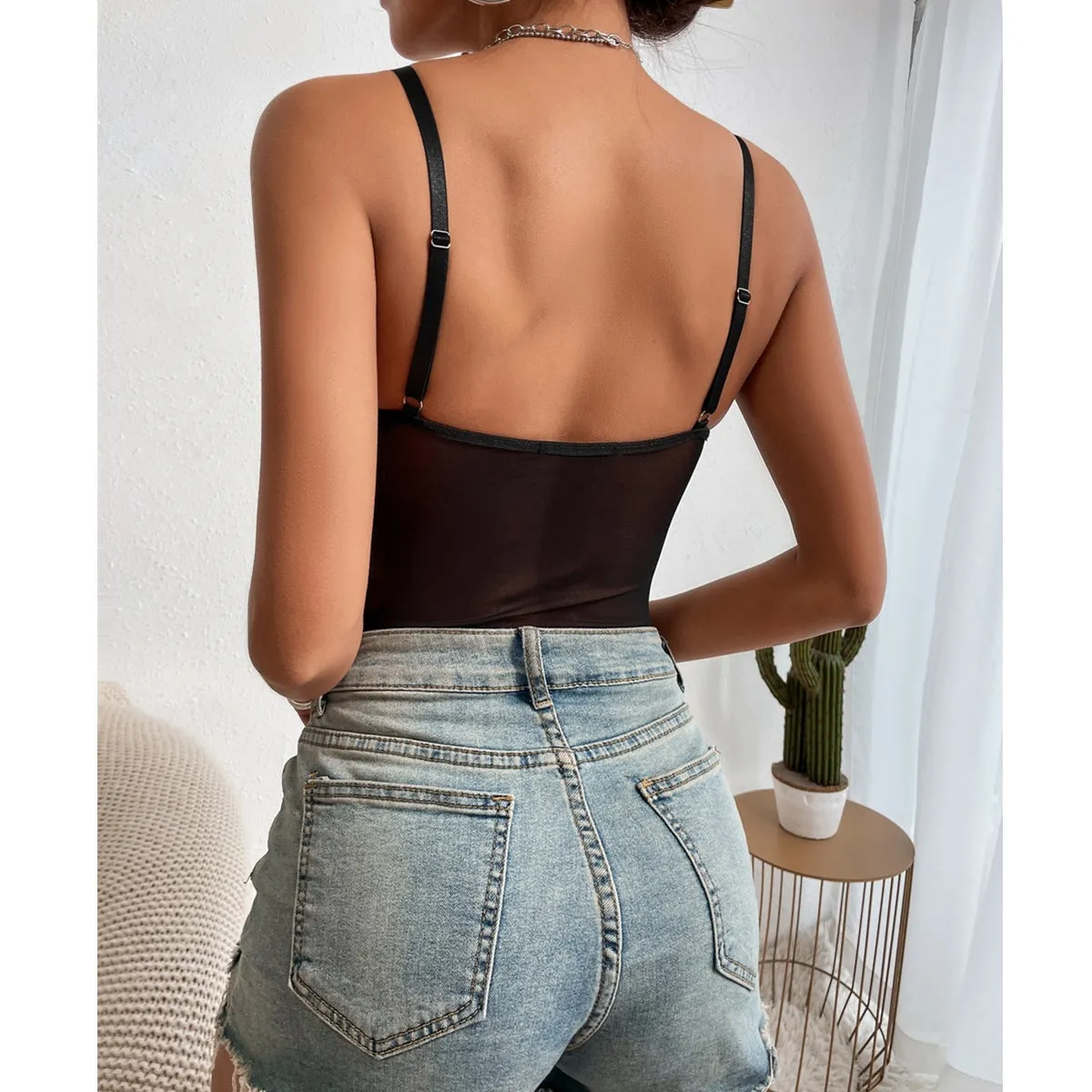 Spaghetti Strap Mesh Sheer White Bodysuits
