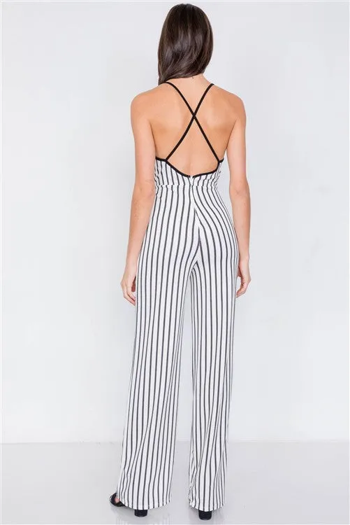 Stripe V-Neck Criss-Cross Strap Back Jumpsuit