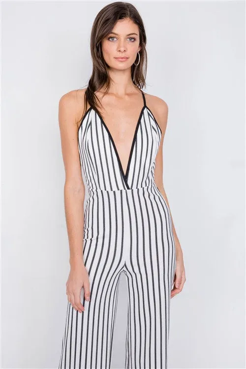 Stripe V-Neck Criss-Cross Strap Back Jumpsuit
