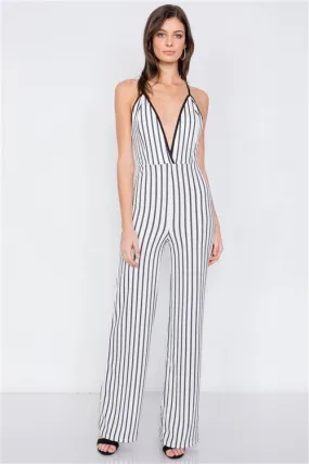 Stripe V-Neck Criss-Cross Strap Back Jumpsuit