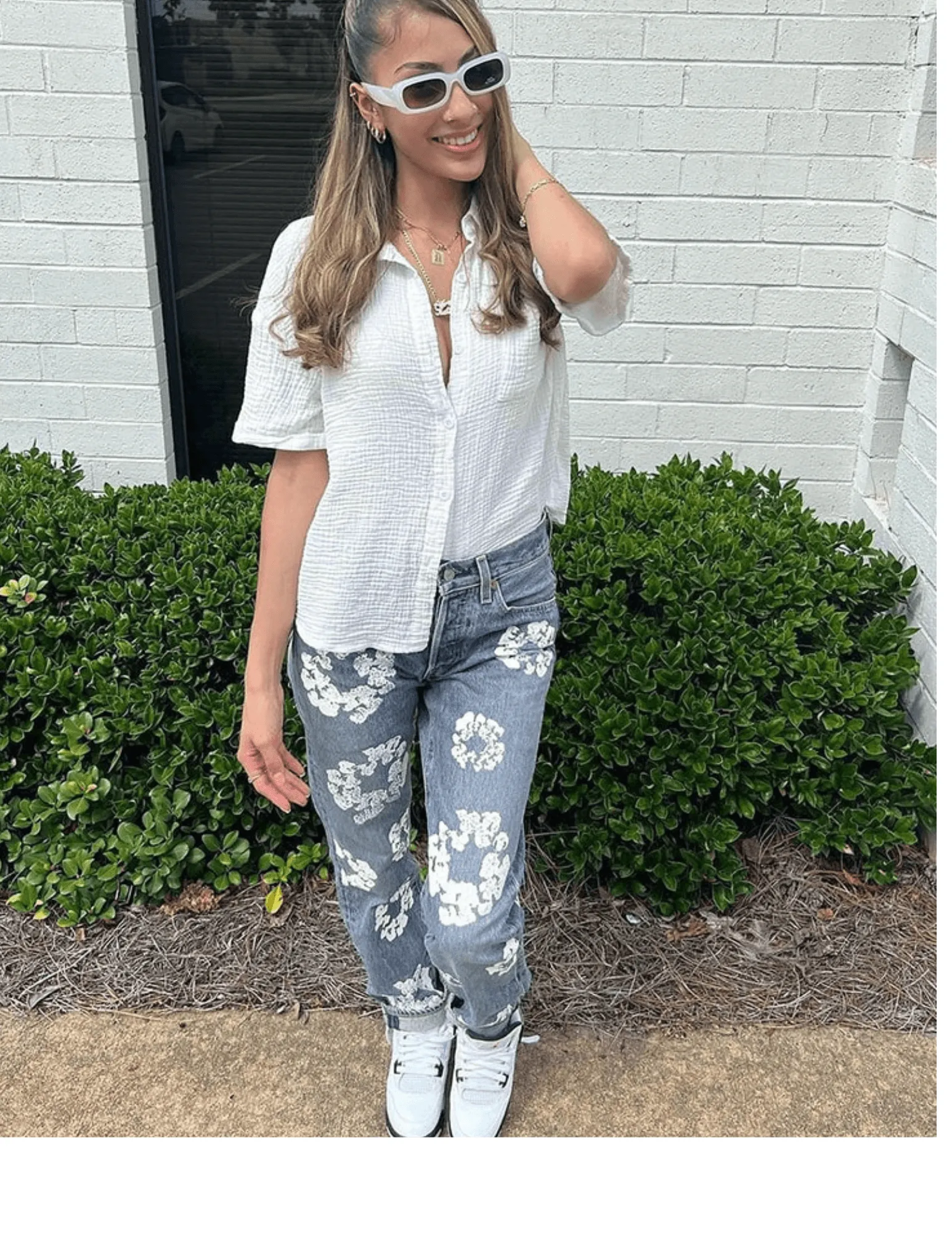 T-BOO Flowers Print Jeans Women Casual High Waist Straight Pants Elastic Streetwear Loose Denim Trousers