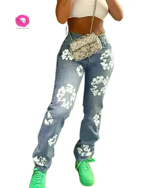T-BOO Flowers Print Jeans Women Casual High Waist Straight Pants Elastic Streetwear Loose Denim Trousers