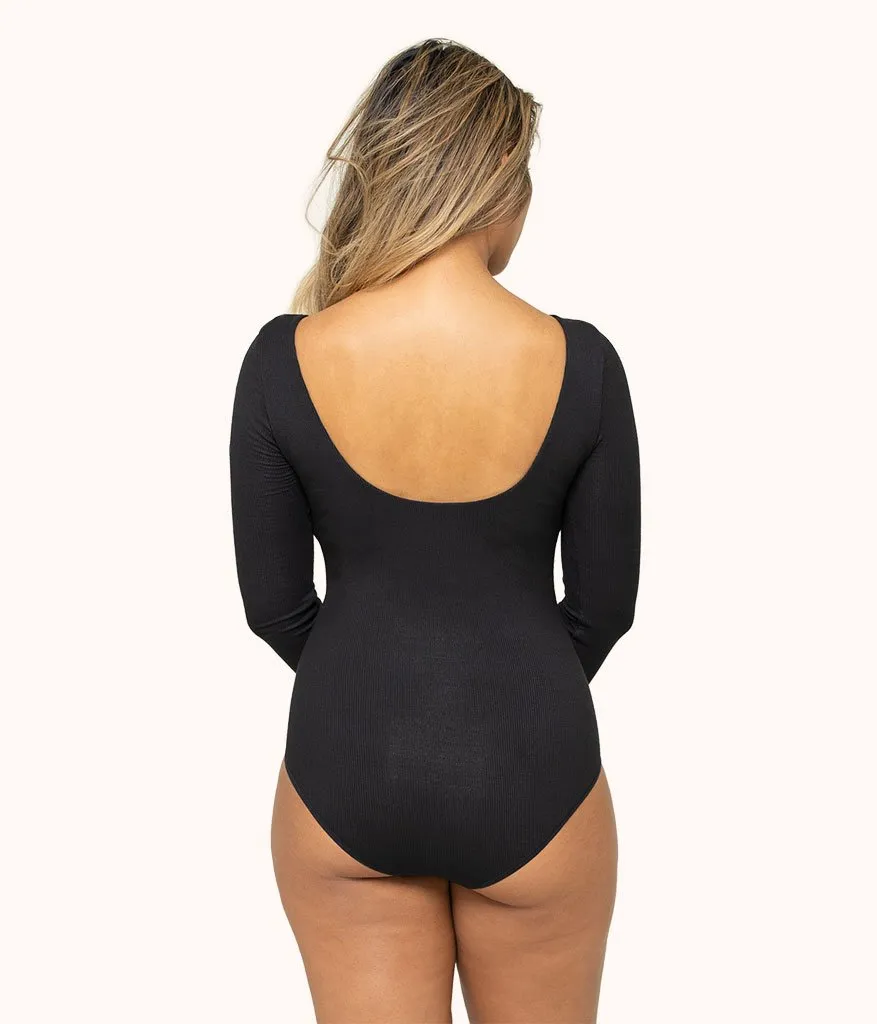 The Ribbed Long-Sleeve Bodysuit: Jet Black