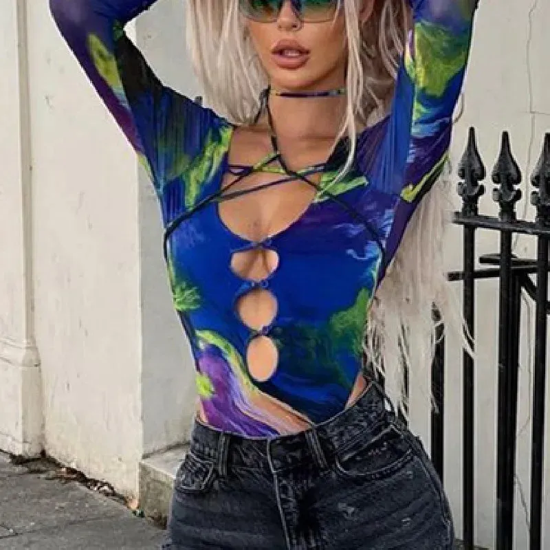 Tie-dye Hollowed Long Sleeve Bodysuit