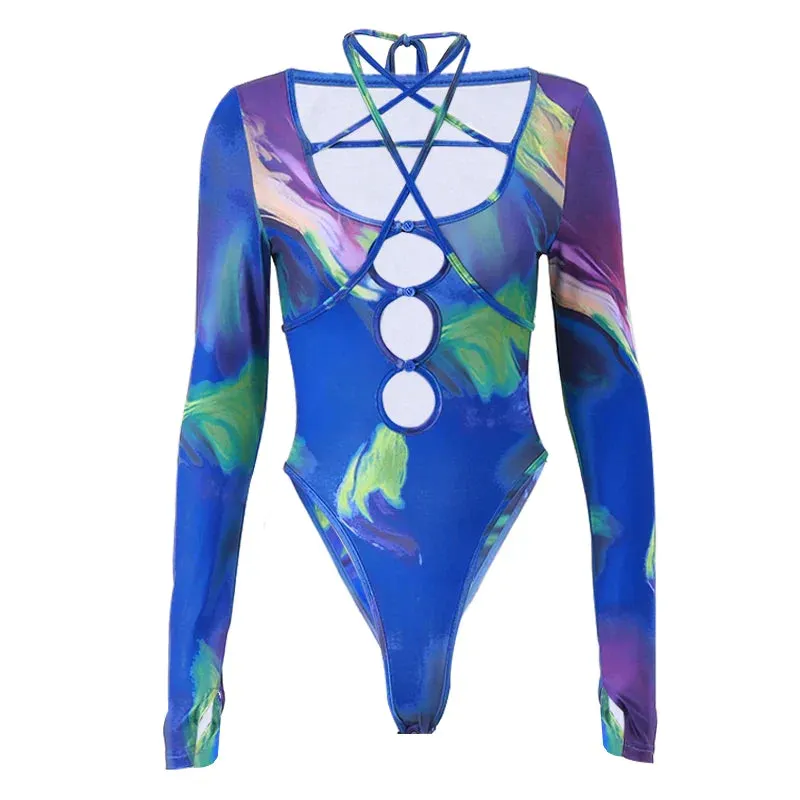 Tie-dye Hollowed Long Sleeve Bodysuit