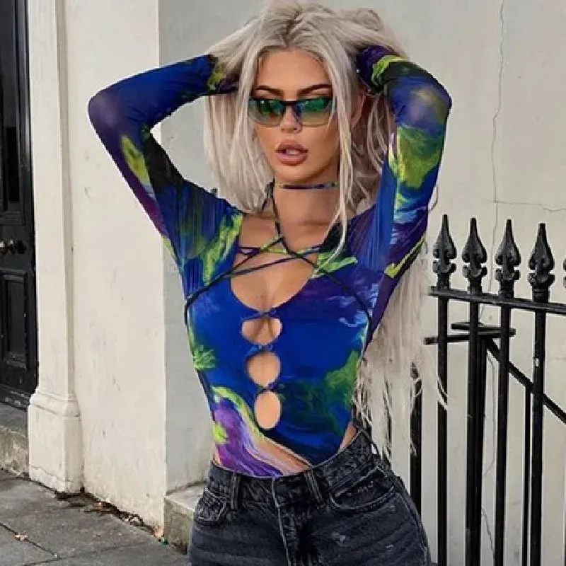 Tie-dye Hollowed Long Sleeve Bodysuit