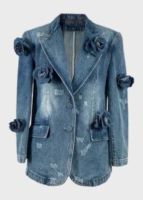 Tishala 3D Roses Decor Denim Blazer