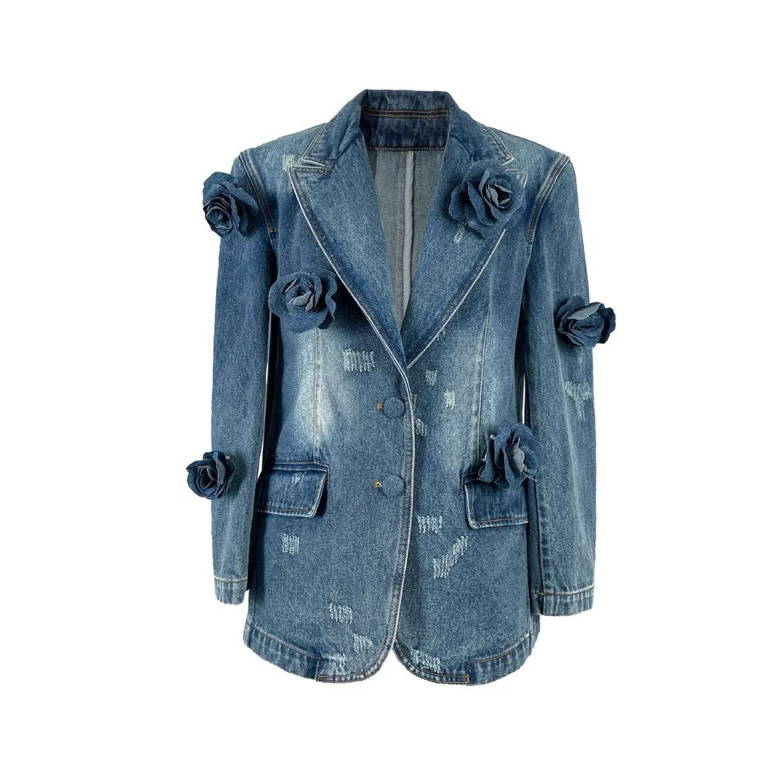 Tishala 3D Roses Decor Denim Blazer