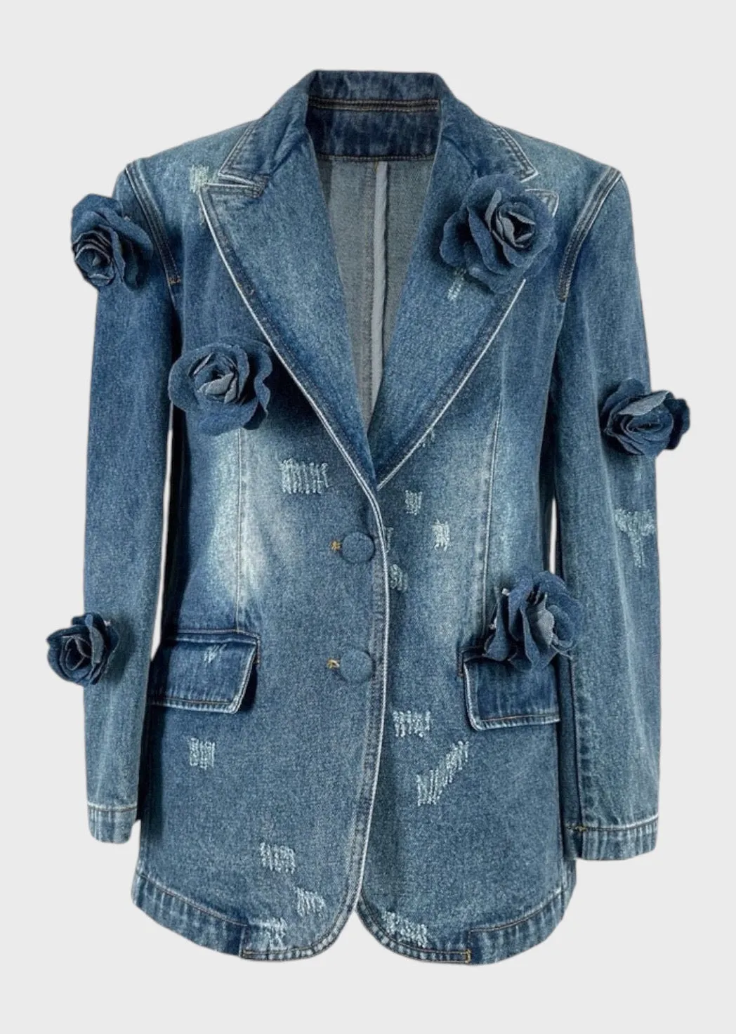 Tishala 3D Roses Decor Denim Blazer