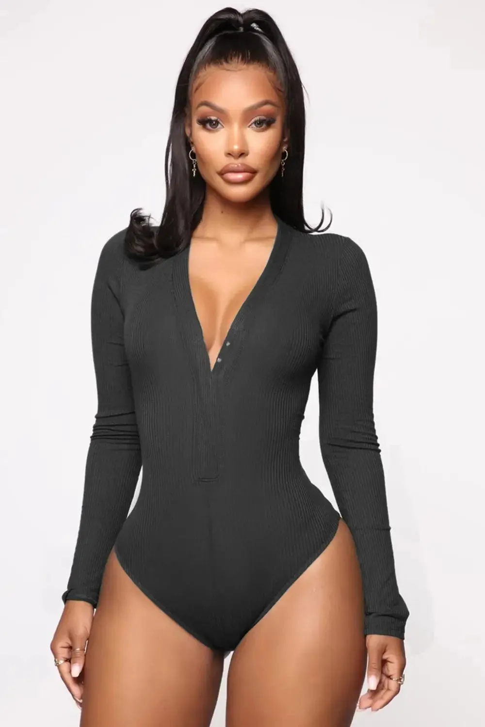 V-Neck Cotton Bodycon Long Sleeve White Bodysuit