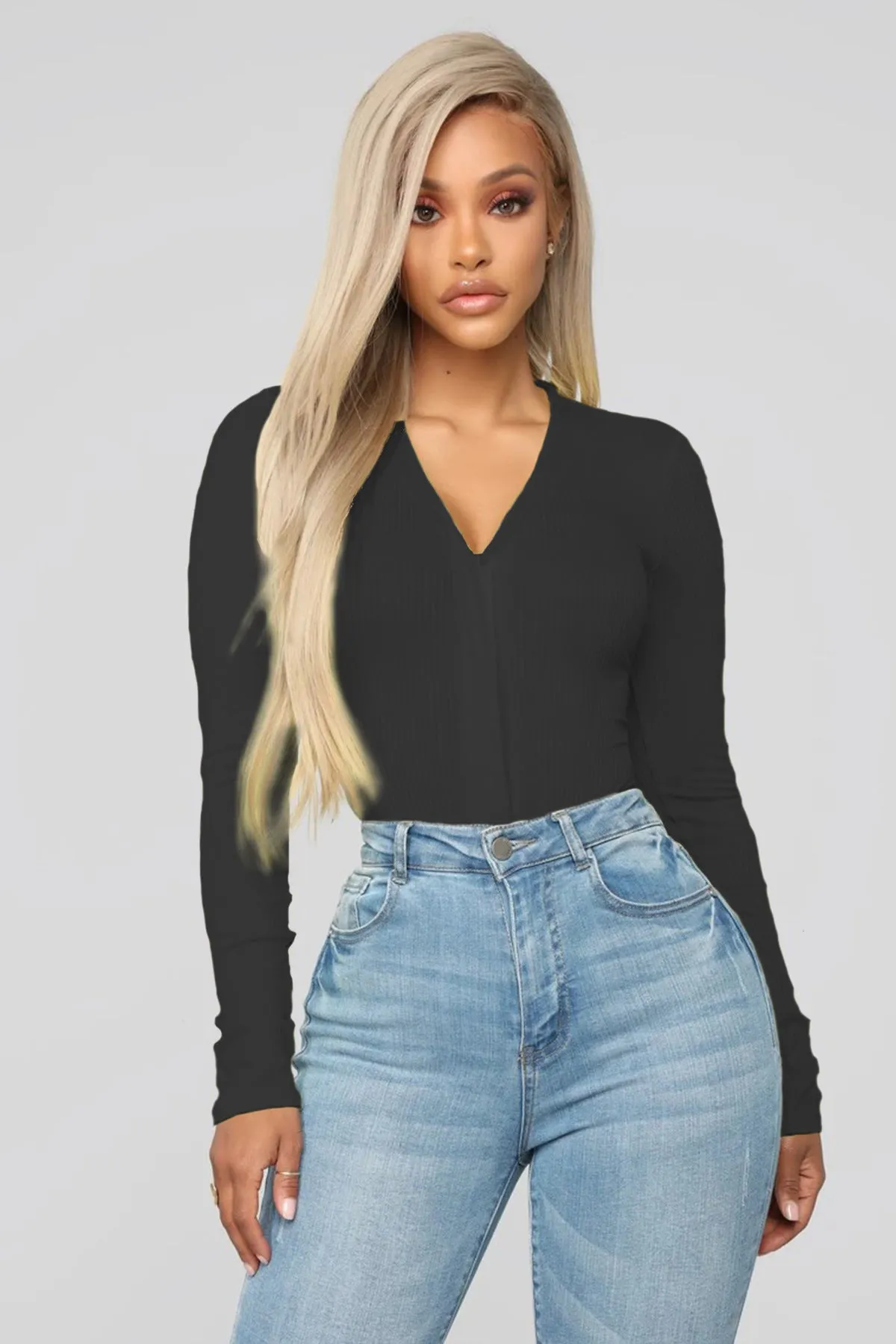 V-Neck Cotton Bodycon Long Sleeve White Bodysuit