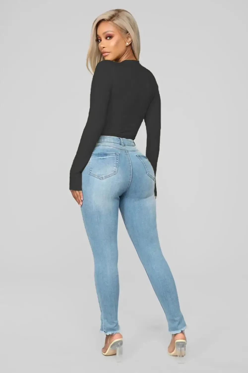 V-Neck Cotton Bodycon Long Sleeve White Bodysuit