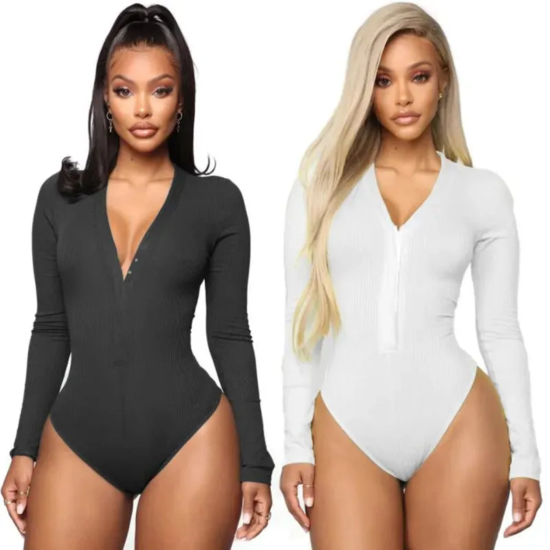 V-Neck Cotton Bodycon Long Sleeve White Bodysuit