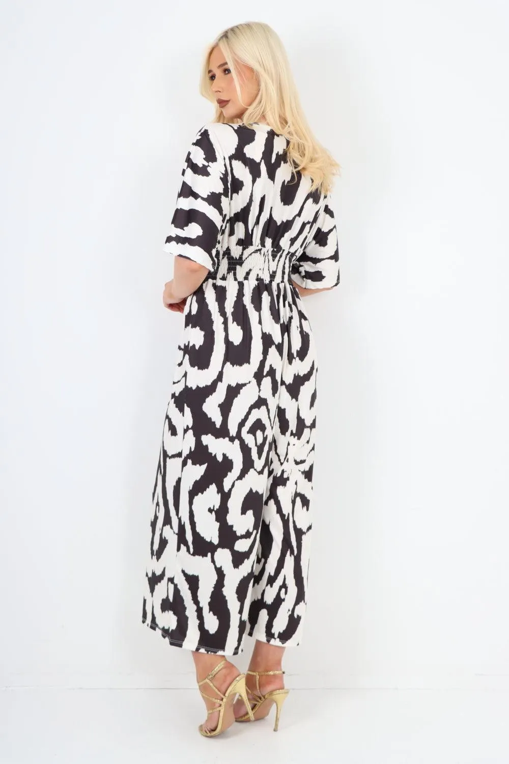 V Neck Shirred Elasticated Waist Printed Jumpsuit