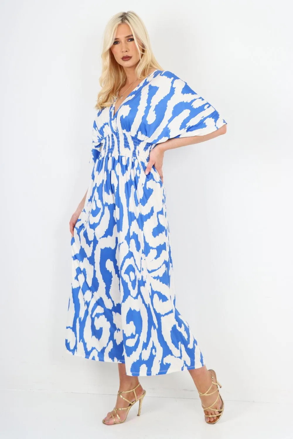 V Neck Shirred Elasticated Waist Printed Jumpsuit
