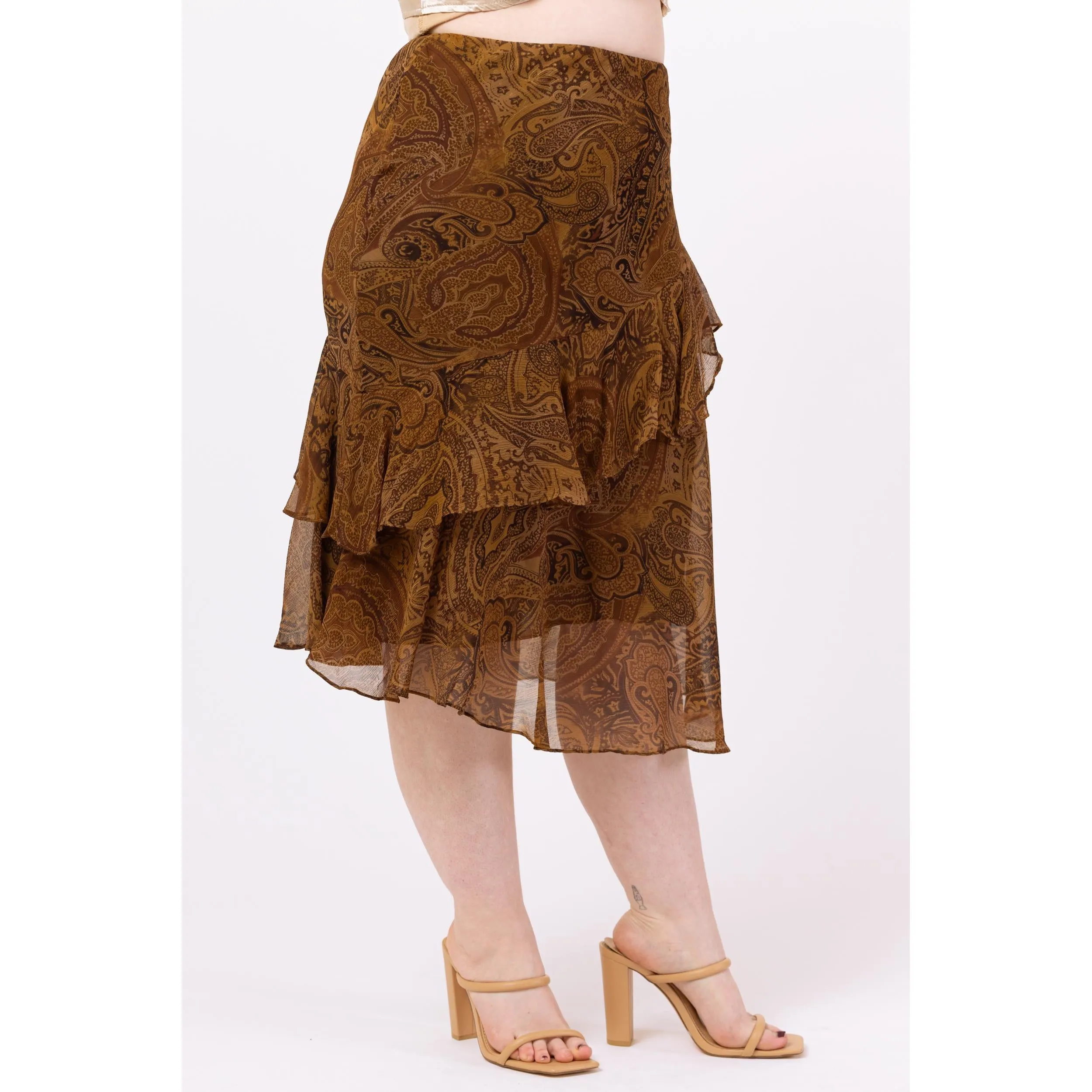 Vintage Y2K Ralph Lauren Brown Paisley Silk Midi Skirt – Petite Medium