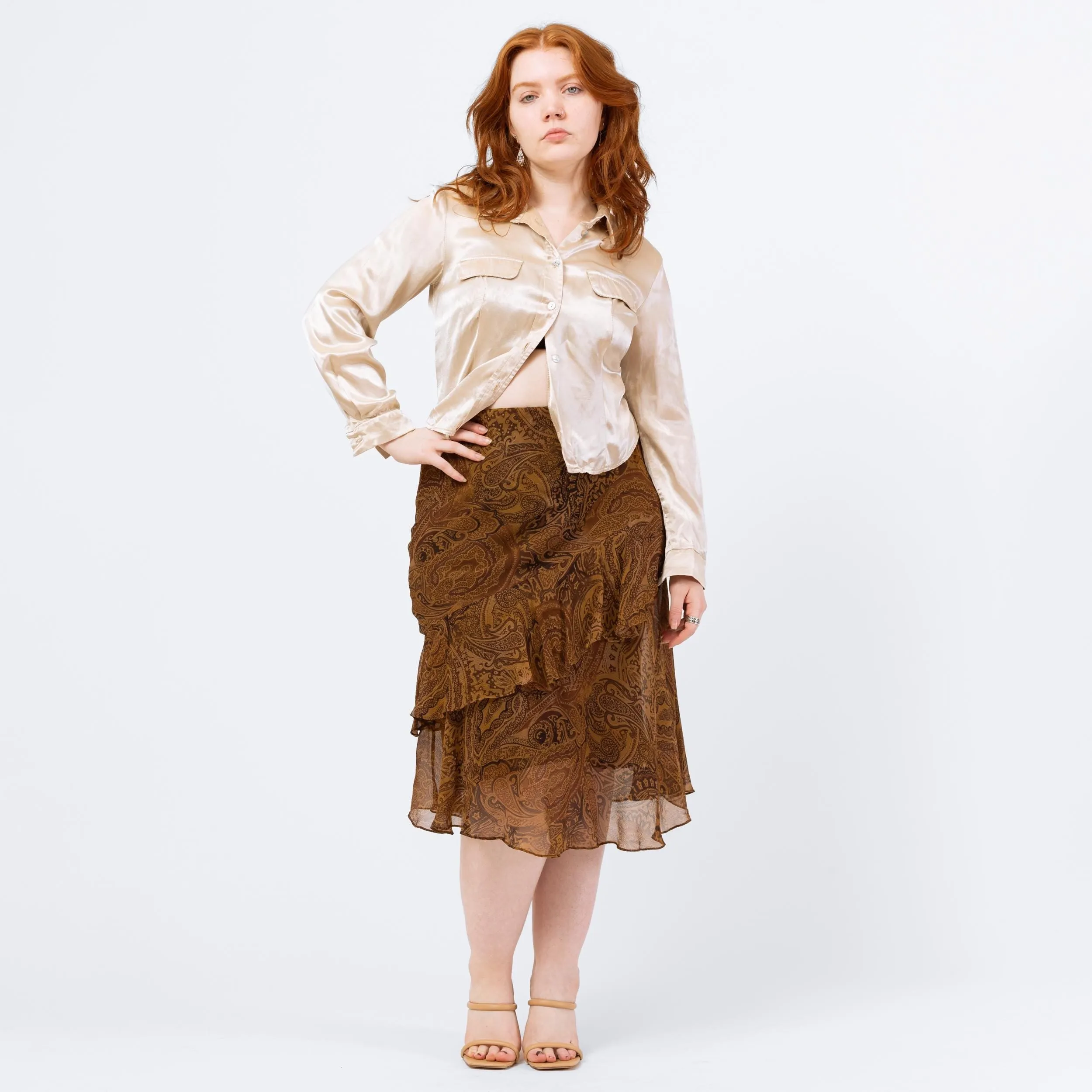 Vintage Y2K Ralph Lauren Brown Paisley Silk Midi Skirt – Petite Medium