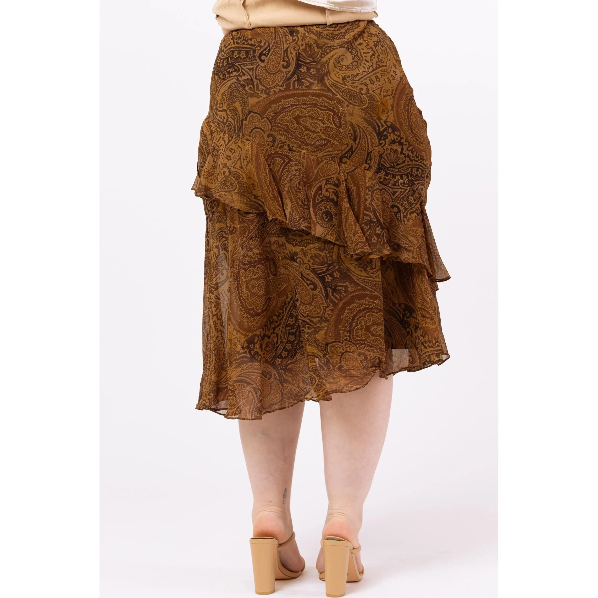 Vintage Y2K Ralph Lauren Brown Paisley Silk Midi Skirt – Petite Medium