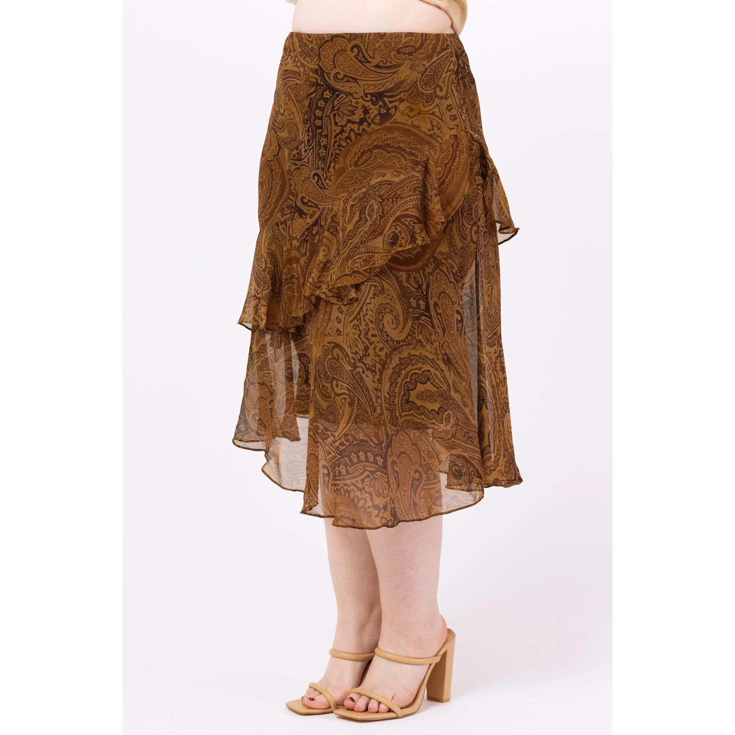 Vintage Y2K Ralph Lauren Brown Paisley Silk Midi Skirt – Petite Medium